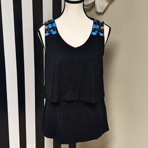 Dawn Ramu: Black Ruffled Layered Aqua Beaded Tank Size S